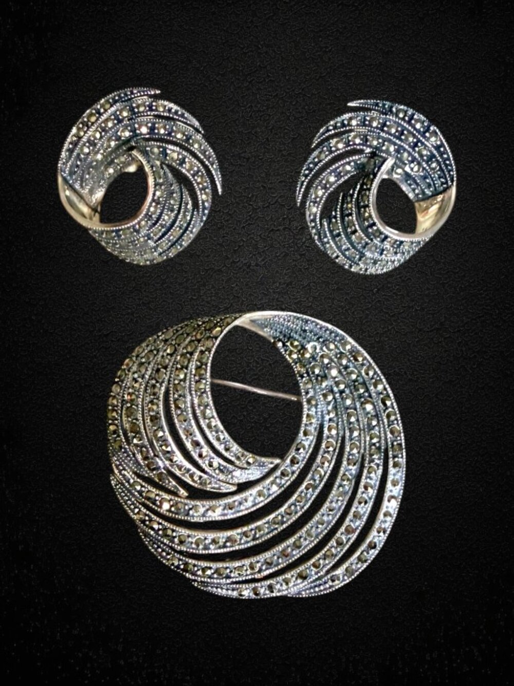 Judith Jack Sterling Marcasite Brooch Earrings Set Art Deco Swirl Vintage